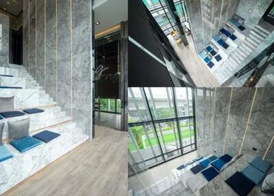 Modern building interior with marble stairs and seating area