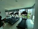 Modern apartment gym with city view