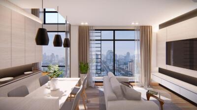 Modern living room with dining area and city view