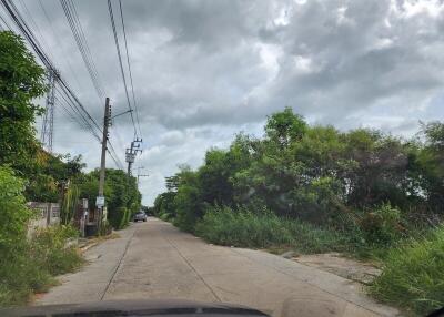 View of a narrow road surrounded by greenery and overcast sky