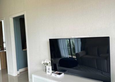Modern living room with TV and white console unit