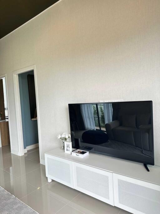 Modern living room with TV and white console unit