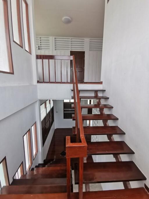 Wooden staircase with windowed landing