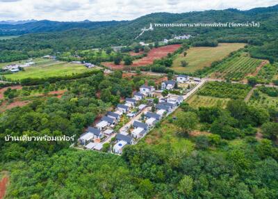 Aerial view of a residential neighborhood surrounded by greenery