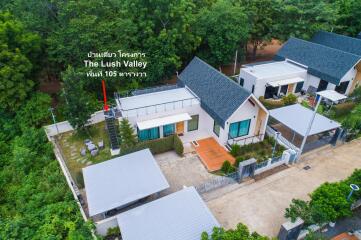 Aerial view of residential houses in The Lush Valley with rooftop terraces and surrounding green area