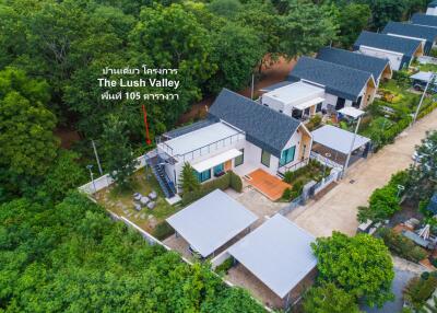 Aerial view of residential houses with green surroundings