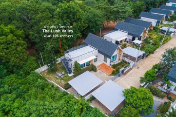 Aerial view of residential houses with green surroundings