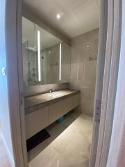 Modern bathroom with large mirror and under-sink storage