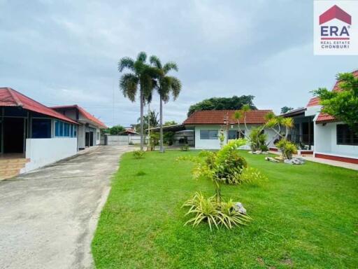 Front yard with lush green lawn and tropical plants