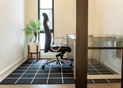 Modern home office with chair, desk, and plant