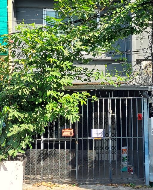 Facade of a building with a gate and greenery