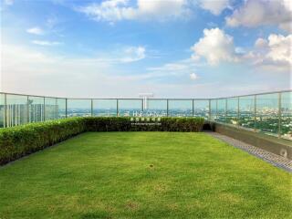 Rooftop terrace with glass railings and panoramic city view