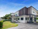 Modern two-story house with a spacious lawn and contemporary design