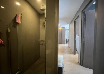 Modern bathroom with hallway view