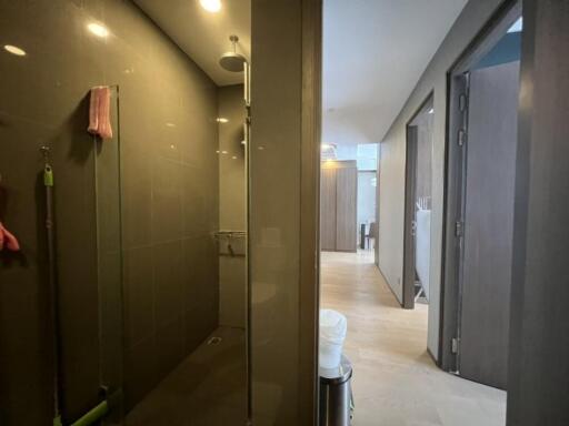 Modern bathroom with hallway view