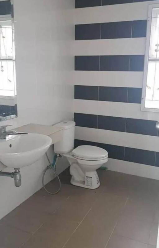 Bathroom with sink, toilet, and striped wall tiles