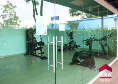 Glass-walled gym with various exercise equipment