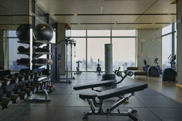 Spacious and well-equipped gym with city view