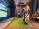 Indoor golf simulator room with golfing equipment and seating