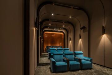 Luxurious home theater with multiple seats and lighting