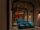 Luxurious home theater with multiple seats and lighting