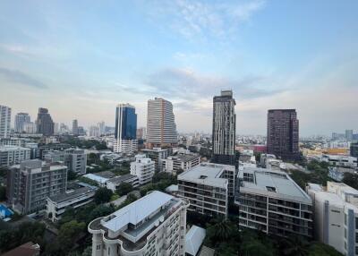 City skyline view from high-rise balcony