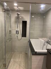 Modern bathroom with glass shower and bathtub