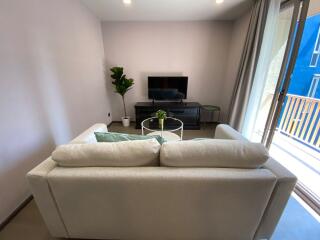 Modern living room with a white sofa, TV, and plant