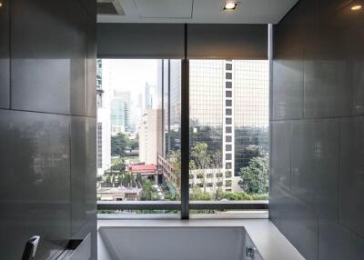 modern bathroom with a bathtub and city view