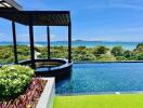 Stunning sea view from an outdoor pool area with greenery