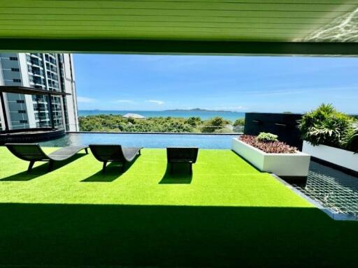 Rooftop with lounge chairs, pool, greenery and ocean view