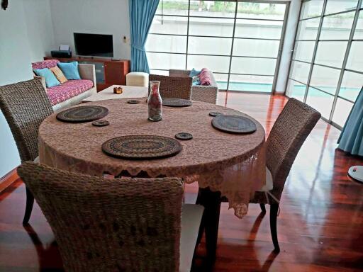 Spacious living room with dining area