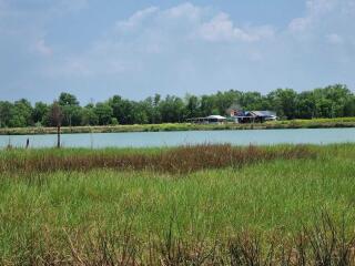 View of a reservoir or pond with greenery and trees in the background