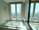 Bathroom with a large window and city view