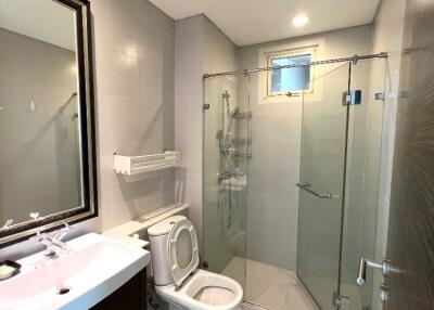 Modern bathroom with glass shower and vanity