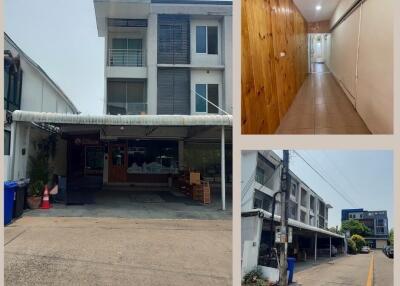 Exterior views and hallway of a modern multi-story building