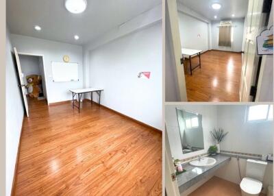 Collage of a living space with a wooden floor, a desk, and a bathroom with a sink and toilet