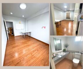 Collage of a living space with a wooden floor, a desk, and a bathroom with a sink and toilet