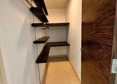 Compact storage room with built-in shelving and wooden door