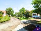 Wide view of a yard with greenery and driveway