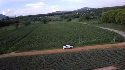 Aerial view of a countryside with a truck on a dirt road