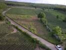 Aerial view of an expansive land area with fields and a road