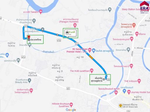 Local area map showing nearby amenities and travel times