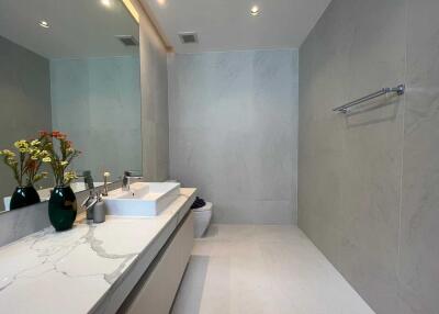 Modern bathroom with large mirror and countertop
