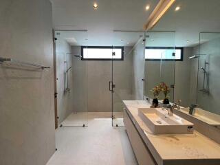 Modern bathroom with large vanity and walk-in shower