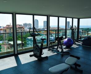 Modern gym with large windows and city view