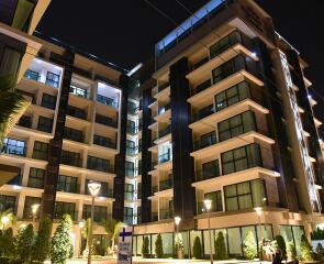 Night view of modern multi-storey apartment building