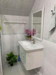 Modern bathroom with vanity mirror, sink, and decorative plants