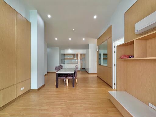 Spacious dining area with modern lighting