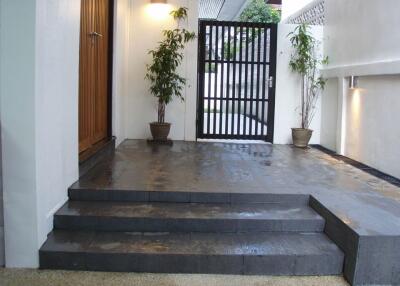 Contemporary entryway with potted plants and lighting